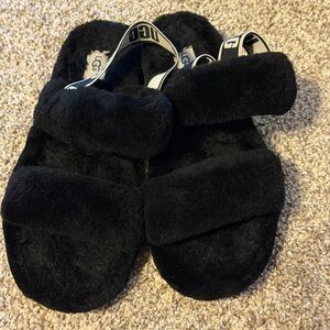 UGG Black Faux-Shearling Slide with Branded Heel Strap